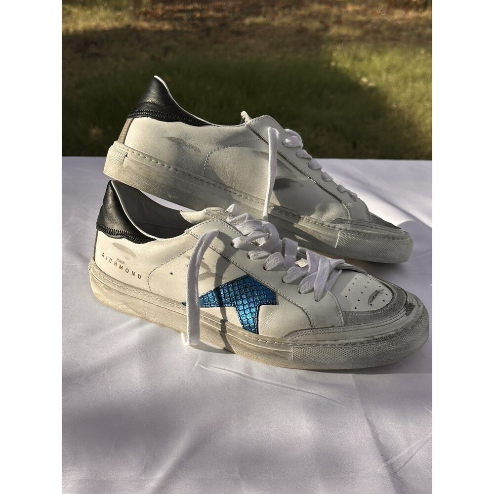 42 John Richmond Mens Sneakers White Tennis Shoes Leather Lace Up Shoes Sz 9 US